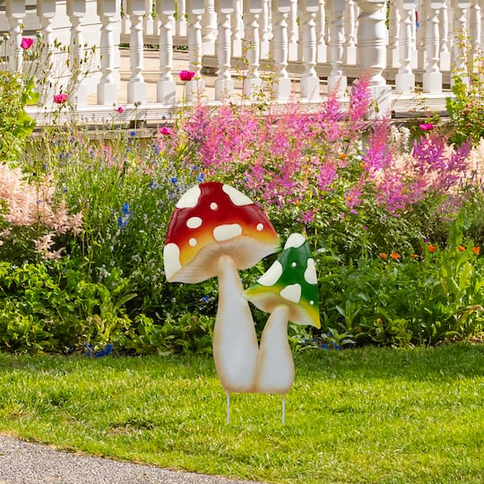 16" Red & Green Double Mushrooms Outdoor Garden Stake